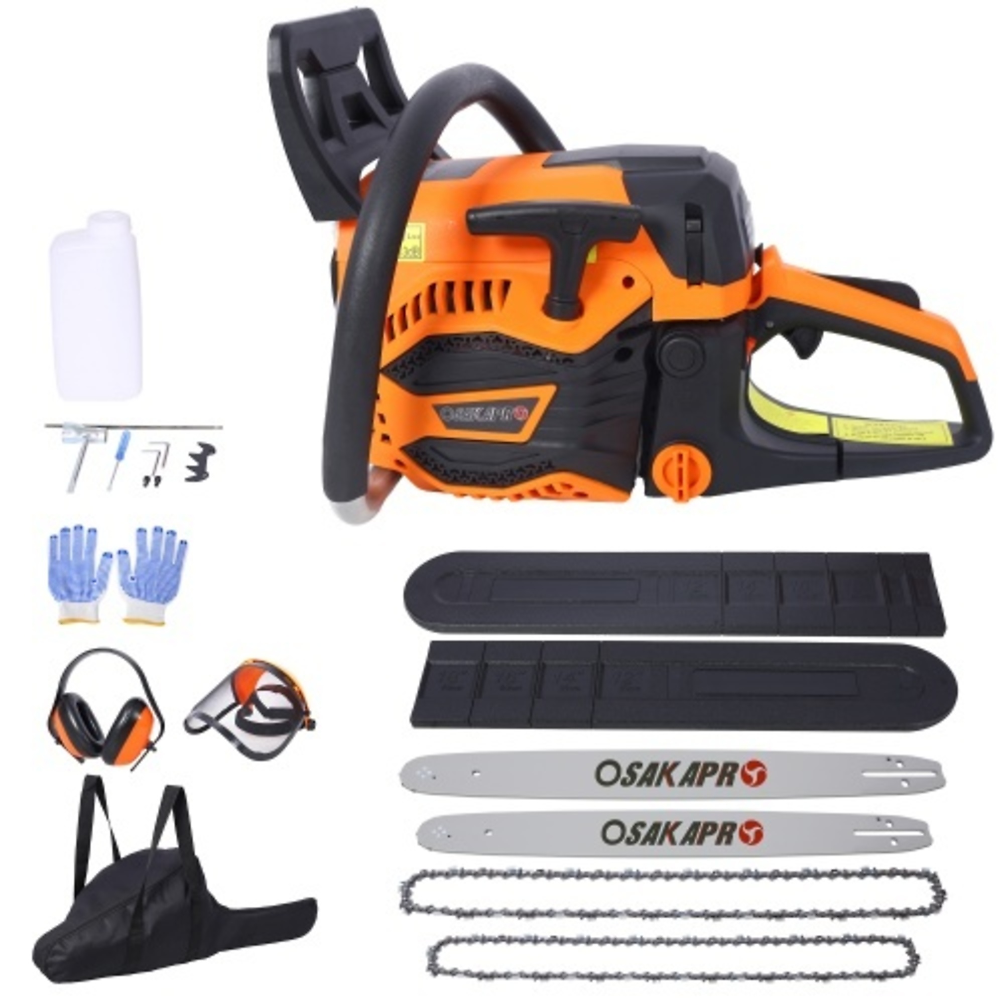 Osakapro Gas Powered Chainsaw — 62cc, 2-Cycle, 18in. & 20in. Bar, Anti-Vibration, Safety Kit, EPA Compliant, Model# BAC-W465P209768